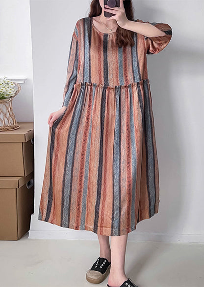 Women Orange Striped Patchwork Silk Cotto Long Dresses Long Sleeve VV073 HS-FDL240627