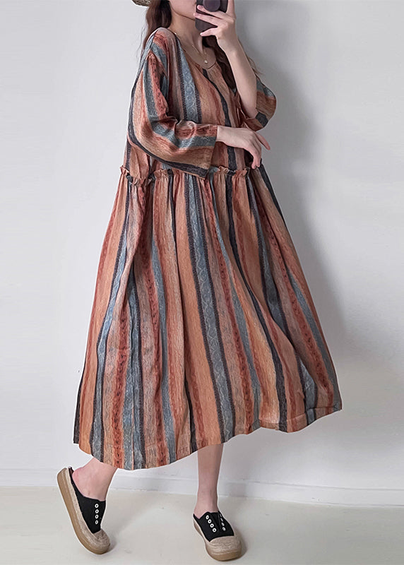 Women Orange Striped Patchwork Silk Cotto Long Dresses Long Sleeve VV073 HS-FDL240627