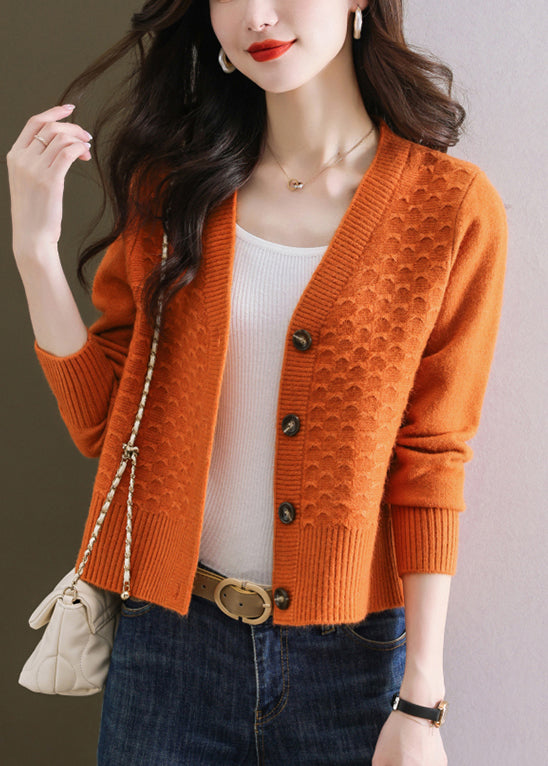 Women Orange V Neck Button Wool Knit Cardigan Winter WL014 OM-CS241108