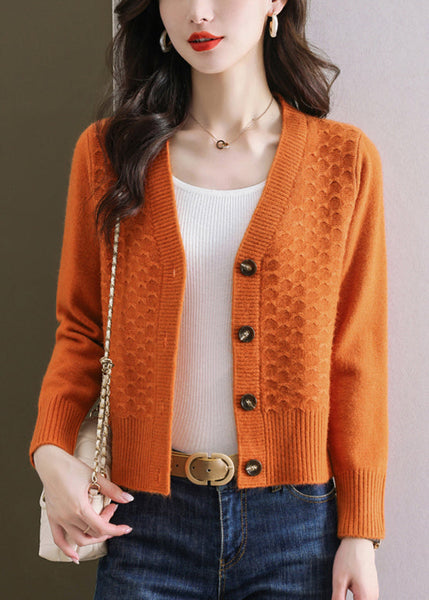 Women Orange V Neck Button Wool Knit Cardigan Winter ER021 ABC
