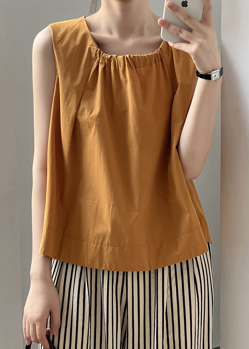 Women Orange Wrinkled Solid Cotton Top Sleeveless QE034 MZF-STP240927