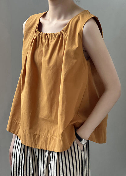 Women Orange Wrinkled Solid Cotton Top Sleeveless QE034 MZF-STP240927