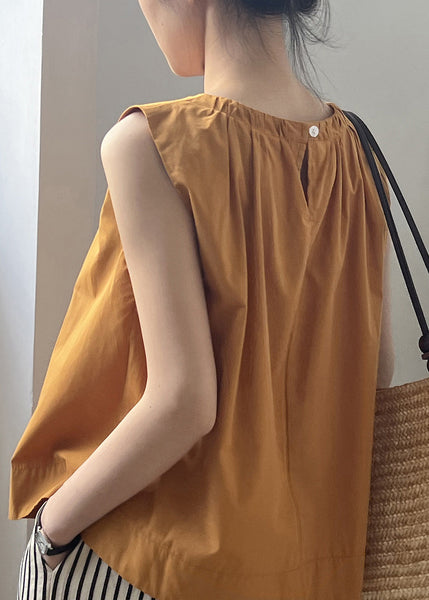 Women Orange Wrinkled Solid Cotton Top Sleeveless QE034 MZF-STP240927