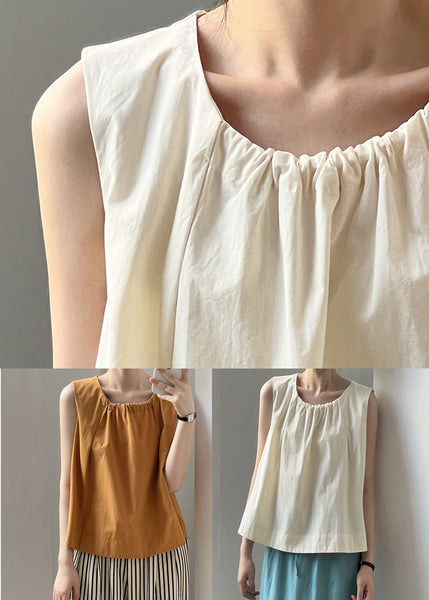 Women Orange Wrinkled Solid Cotton Top Sleeveless QE034 MZF-STP240927