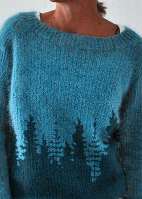 Women Peacock Blue O Neck Cozy Knit Sweaters Fall QA012 OM-BB241009
