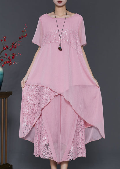 Women Pink Asymmetrical Patchwork Lace Chiffon Two Pieces Set Summer SD1043 Ada Fashion