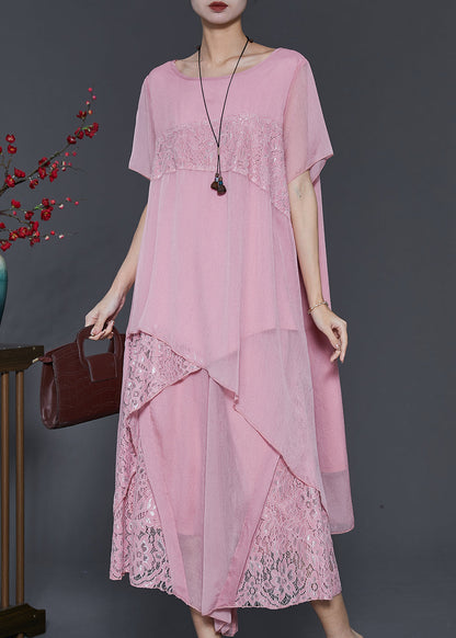 Women Pink Asymmetrical Patchwork Lace Chiffon Two Pieces Set Summer SD1043 Ada Fashion