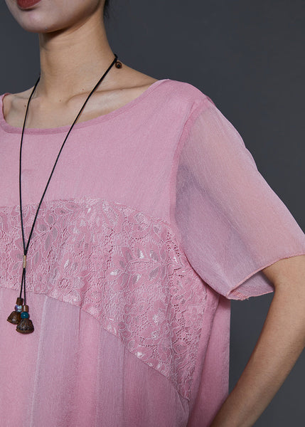 Women Pink Asymmetrical Patchwork Lace Chiffon Two Pieces Set Summer SD1043 Ada Fashion