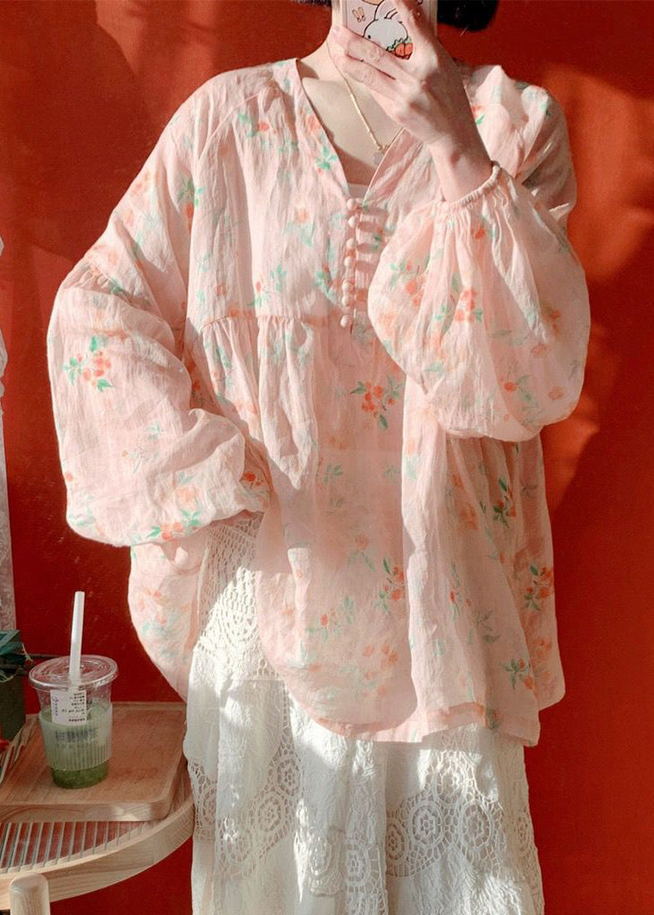 Women Pink Button Print Cotton Blouse Lantern Sleeve KJ019 ZS-LTP240715