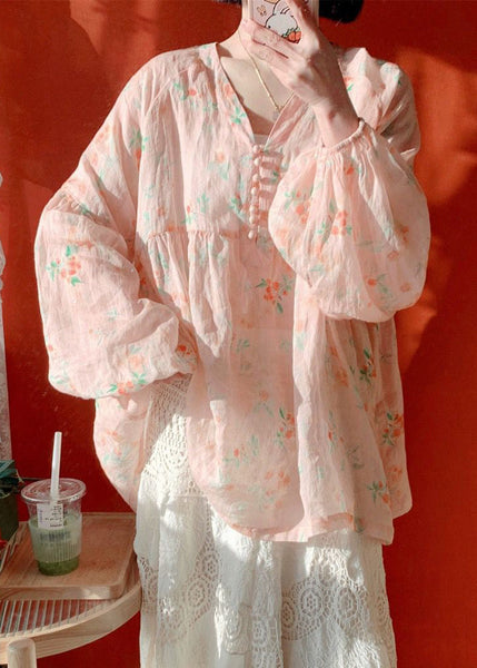 Women Pink Button Print Cotton Blouse Lantern Sleeve KJ019 ZS-LTP240715