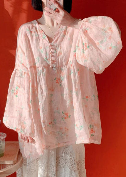 Women Pink Button Print Cotton Blouse Lantern Sleeve KJ019 ZS-LTP240715