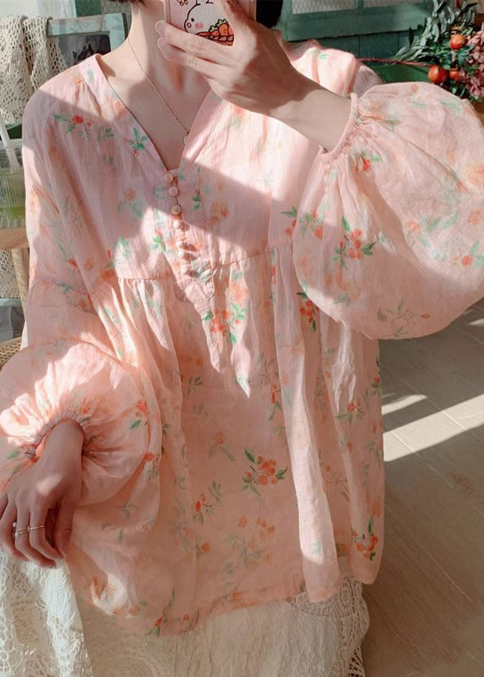Women Pink Button Print Cotton Blouse Lantern Sleeve KJ019 ZS-LTP240715