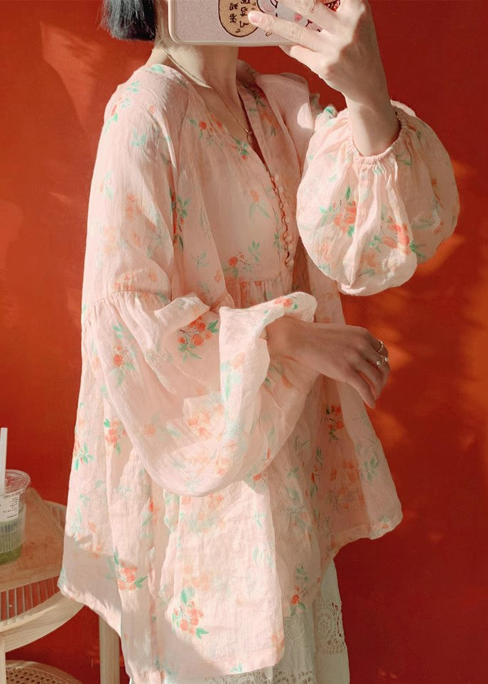 Women Pink Button Print Cotton Blouse Lantern Sleeve KJ019 ZS-LTP240715