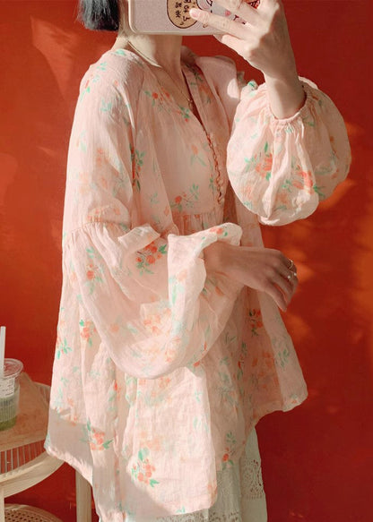 Women Pink Button Print Cotton Blouse Lantern Sleeve KJ019 ZS-LTP240715
