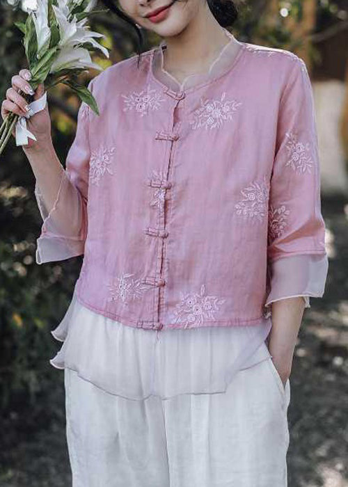 Women Pink Embroidered Button Linen Shirt Bracelet Sleeve VV013 HS-HTP240627