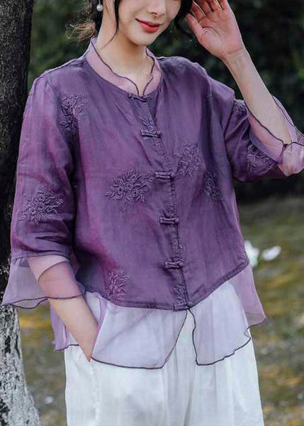 Women Pink Embroidered Button Linen Shirt Bracelet Sleeve VV013 HS-HTP240627