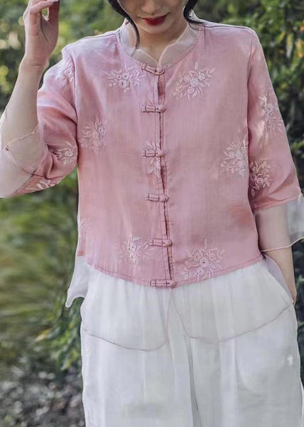 Women Pink Embroidered Button Linen Shirt Bracelet Sleeve VV013 HS-HTP240627