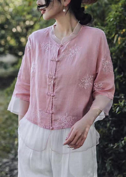 Women Pink Embroidered Button Linen Shirt Bracelet Sleeve VV013 HS-HTP240627