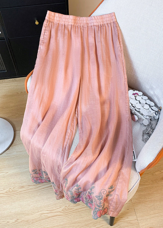 Summer Leg Embroidered Linen Waist Women Wide Pink Pants Elastic FashionChic
