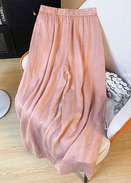 Summer Leg Embroidered Linen Waist Women Wide Pink Pants Elastic FashionChic