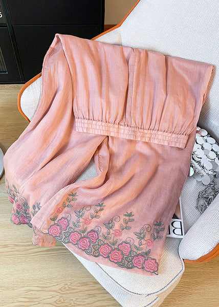 Summer Leg Embroidered Linen Waist Women Wide Pink Pants Elastic FashionChic