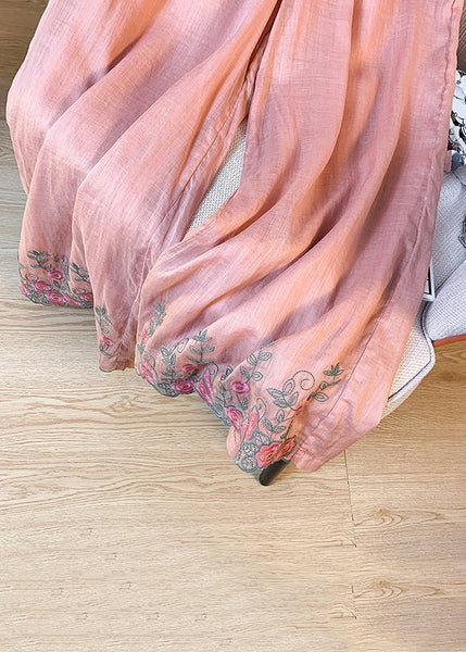 Summer Leg Embroidered Linen Waist Women Wide Pink Pants Elastic FashionChic