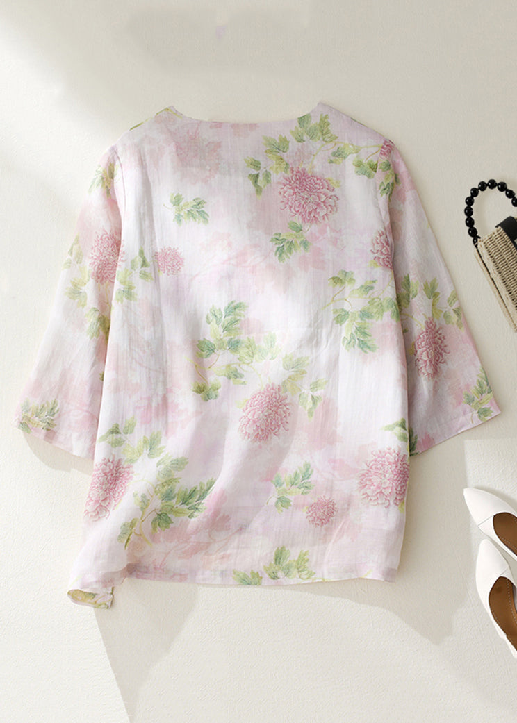 Women Pink O Neck Button Print Linen Shirts Bracelet Sleeve JH063 MMDM-HTP240717