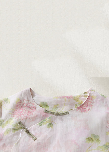 Women Pink O Neck Button Print Linen Shirts Bracelet Sleeve JH063 MMDM-HTP240717