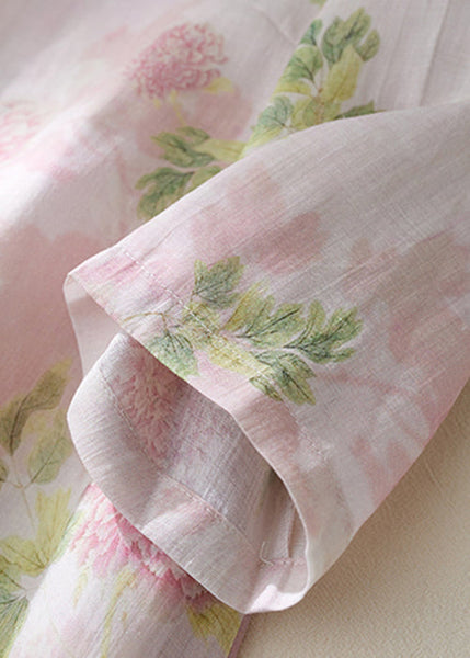 Women Pink O Neck Button Print Linen Shirts Bracelet Sleeve JH063 MMDM-HTP240717