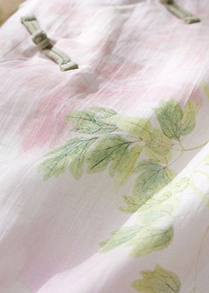 Women Pink O Neck Button Print Linen Shirts Bracelet Sleeve JH063 MMDM-HTP240717