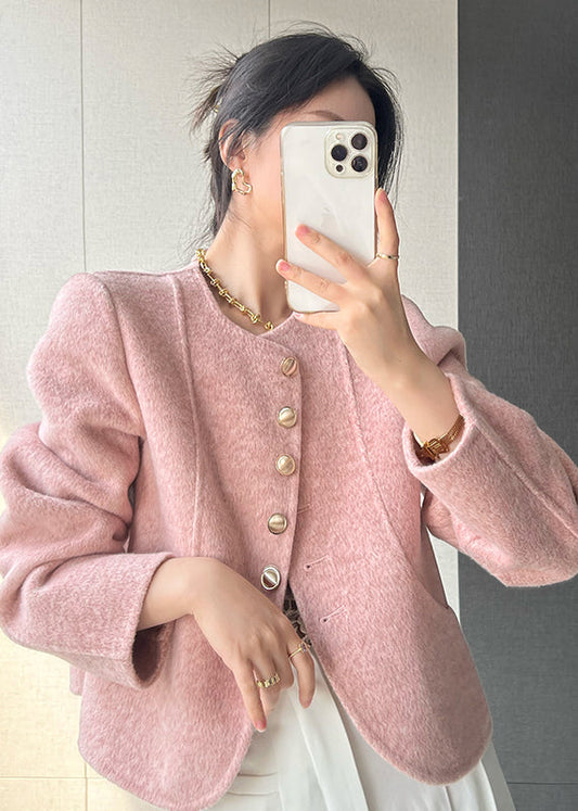 Women Pink O Neck Button Woolen Short Coat Spring TQ018 ABC