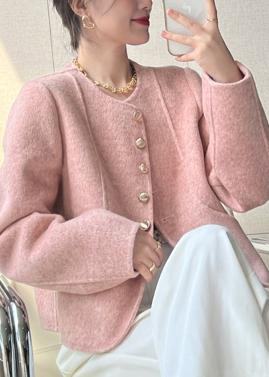 Women Pink O Neck Button Woolen Short Coat Spring TQ018 ABC