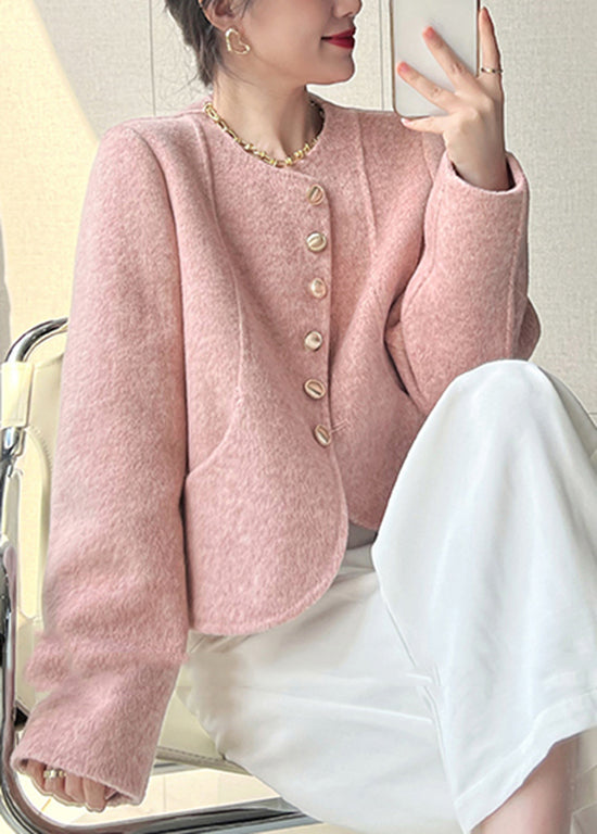 Women Pink O Neck Button Woolen Short Coat Spring TQ018 ABC