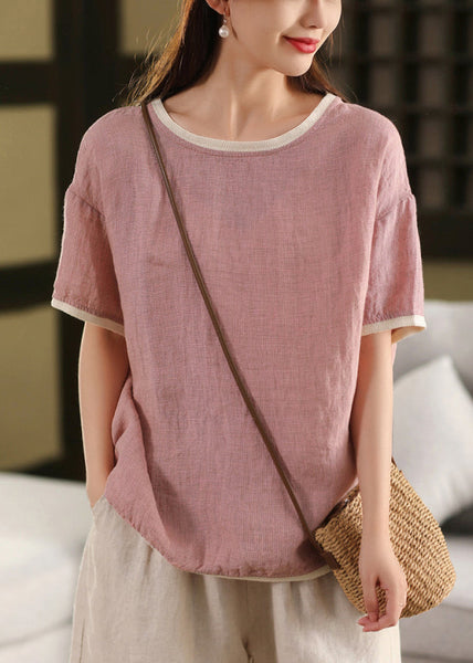 Summer T Pink Linen Patchwork Neck Shirts Women O FashionChic