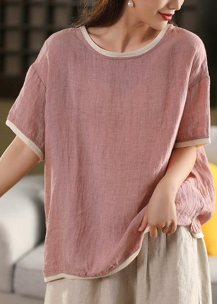 Summer T Pink Linen Patchwork Neck Shirts Women O FashionChic