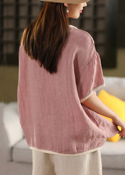 Summer T Pink Linen Patchwork Neck Shirts Women O FashionChic