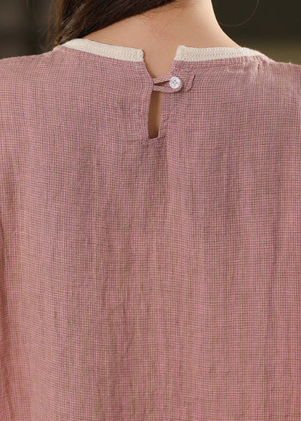 Summer T Pink Linen Patchwork Neck Shirts Women O FashionChic