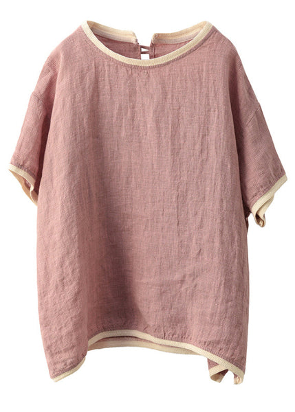 Summer T Pink Linen Patchwork Neck Shirts Women O FashionChic