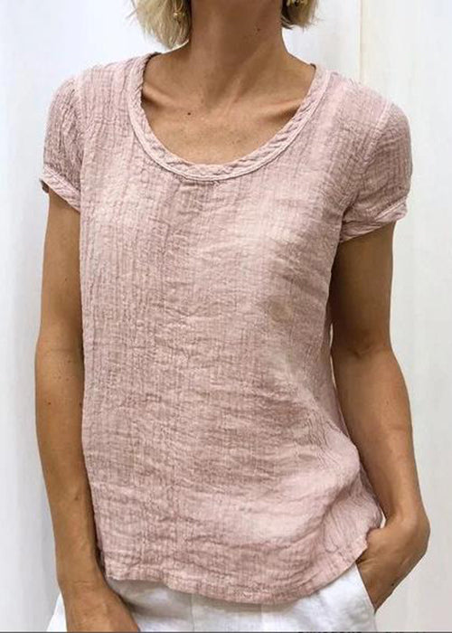 Women Pink O-Neck Solid Cotton T Shirt Summer FF034 MZF-STP240607