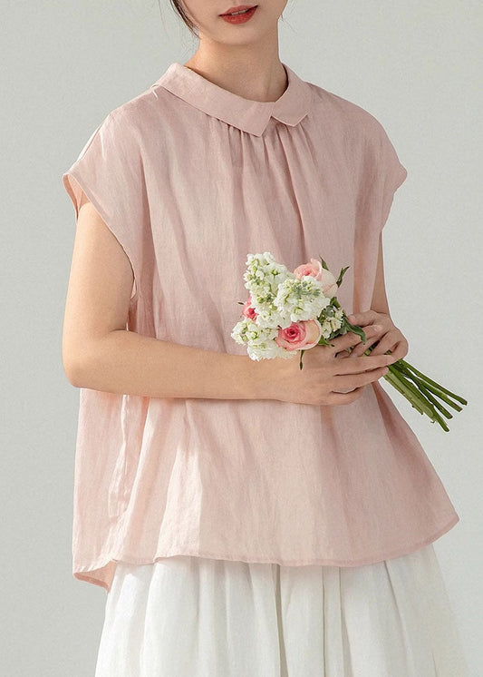 Cotton Button Women Solid Pink Collar Summer Peter Pan Shirt FashionChic