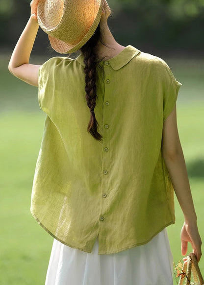 Cotton Button Women Solid Pink Collar Summer Peter Pan Shirt FashionChic