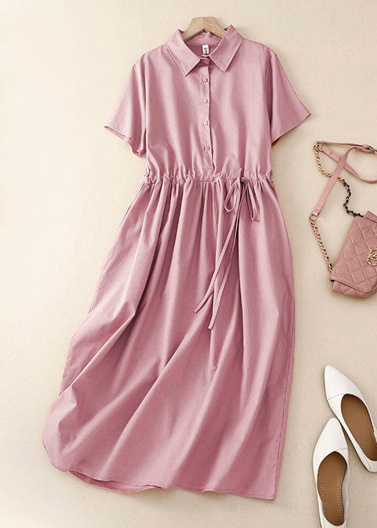 Women Pink Peter Pan Collar Drawstring Cotton Long Dress Summer AM1062 Genistyle Shop