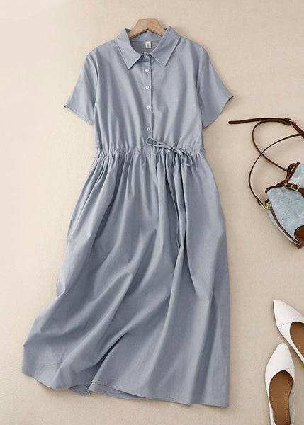 Women Pink Peter Pan Collar Drawstring Cotton Long Dress Summer AM1062 Genistyle Shop