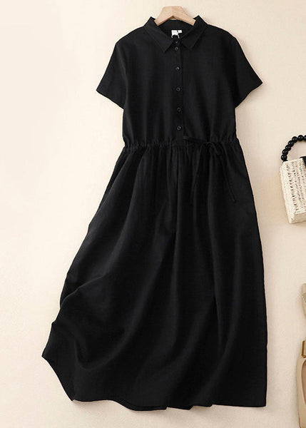Women Pink Peter Pan Collar Drawstring Cotton Long Dress Summer AM1062 Genistyle Shop