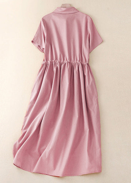 Women Pink Peter Pan Collar Drawstring Cotton Long Dress Summer AM1062 Genistyle Shop