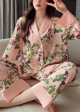 Women Pink Peter Pan Collar Print Ice Silk Pajamas Two Pieces Set Spring YK015 ABC