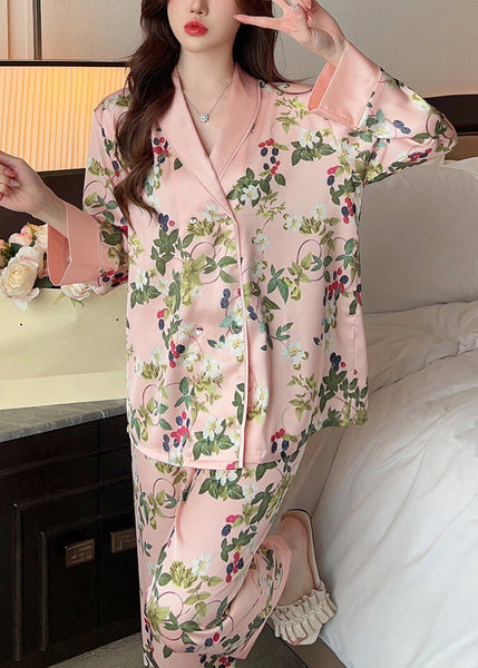 Women Pink Peter Pan Collar Print Ice Silk Pajamas Two Pieces Set Spring YK015 ABC