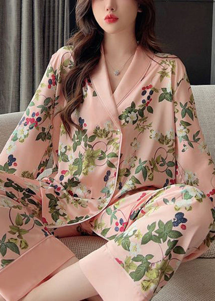 Women Pink Peter Pan Collar Print Ice Silk Pajamas Two Pieces Set Spring YK015 ABC