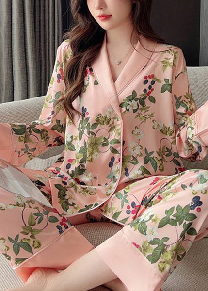 Women Pink Peter Pan Collar Print Ice Silk Pajamas Two Pieces Set Spring YK015 ABC