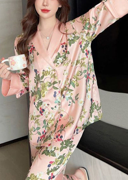 Women Pink Peter Pan Collar Print Ice Silk Pajamas Two Pieces Set Spring YK015 ABC